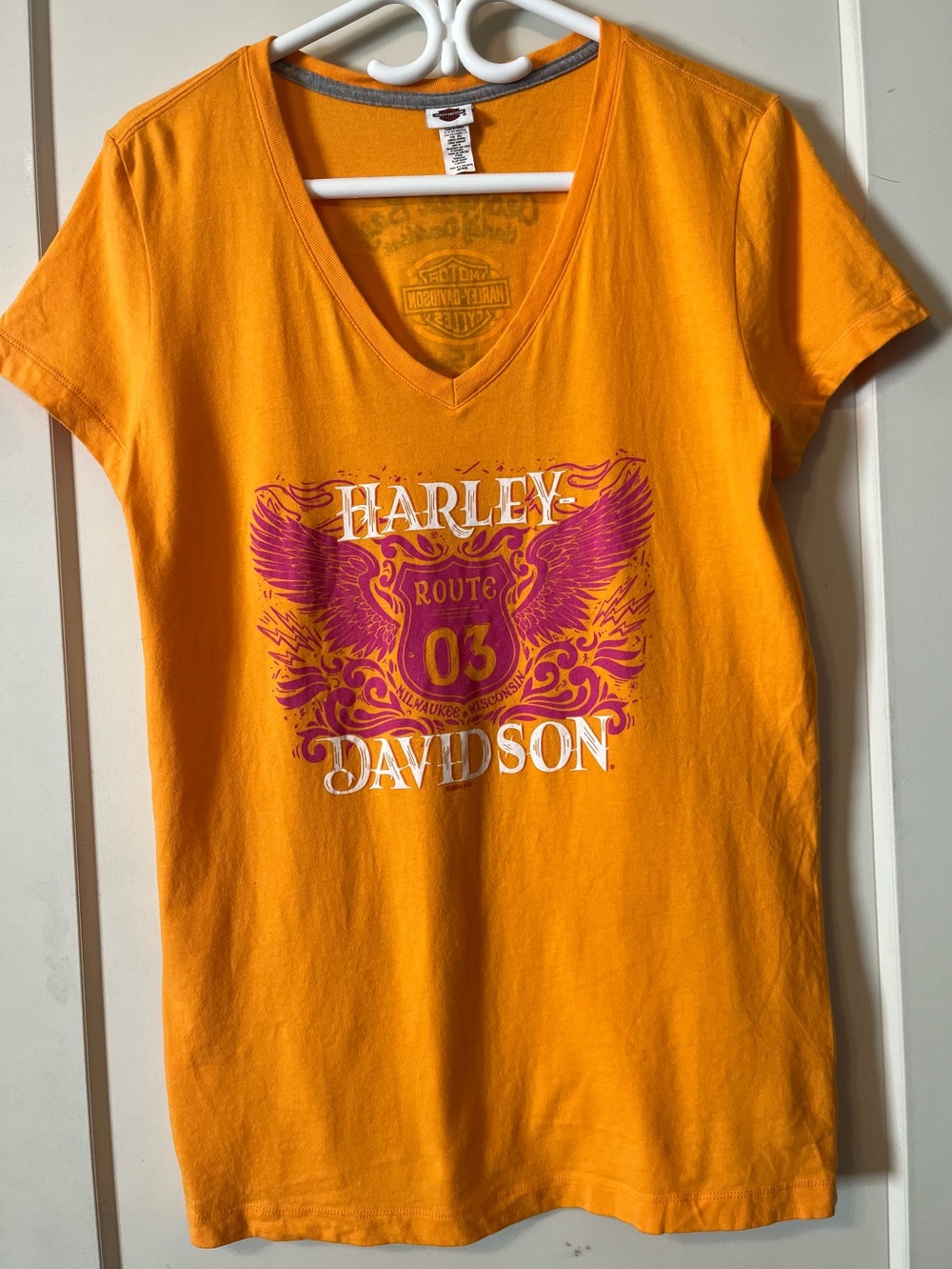 Harley-Davidson Women’s-fit Orange V-Neck Graphic Tee - Georgian Bay Harley